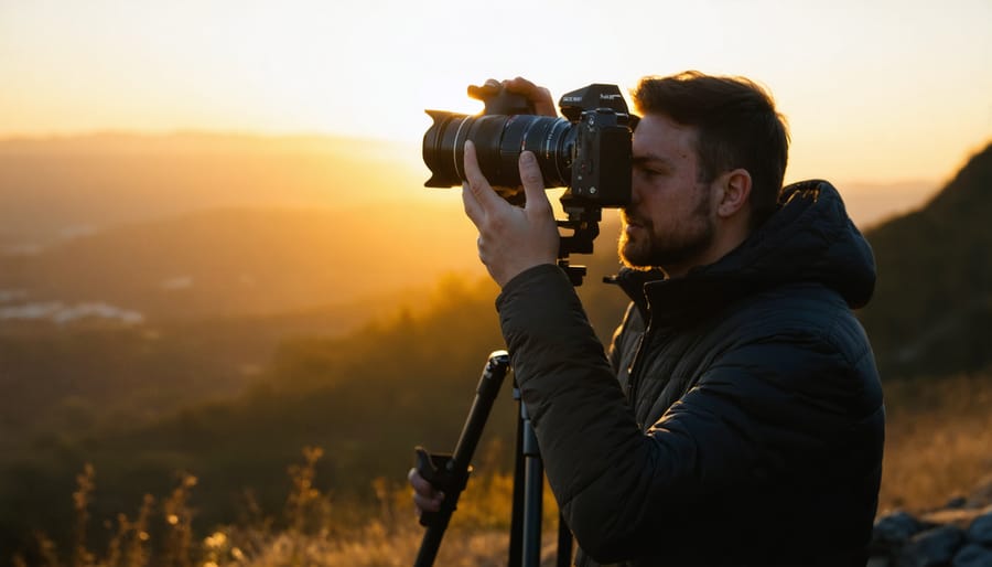 A photographer using a camera on a tripod at sunrise with visible lens aperture blades, illustrating the control of light and focus in a picturesque landscape.