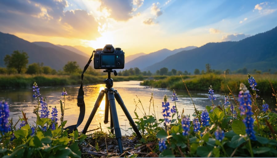 Silhouette of a professional camera on a tripod against a vivid sunrise, with a tranquil river and distant mountains, and detailed wildflowers in the foreground.