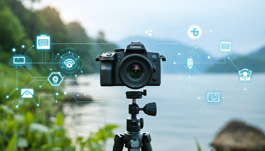 A modern wireless camera set on a tripod captures vivid outdoor scenes, surrounded by subtle digital network symbols highlighting its advanced wireless features.