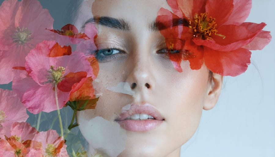 Double exposure portrait combining a woman's face with delicate flower petals