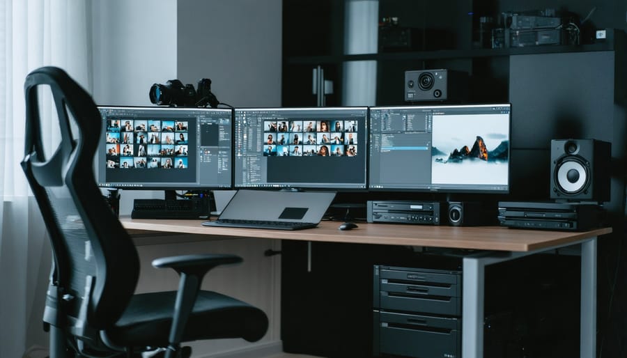 Professional photographer's workstation showcasing a digital photo editing setup with multiple NAS devices and external hard drives for storage.