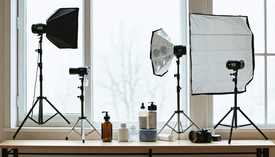 Natural light photography setup with camera, tripod, reflectors, and diffusion screens near a window