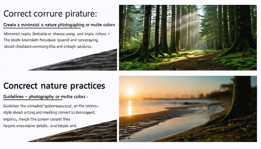 Side-by-side comparison of proper and improper nature photography techniques and environmental considerations