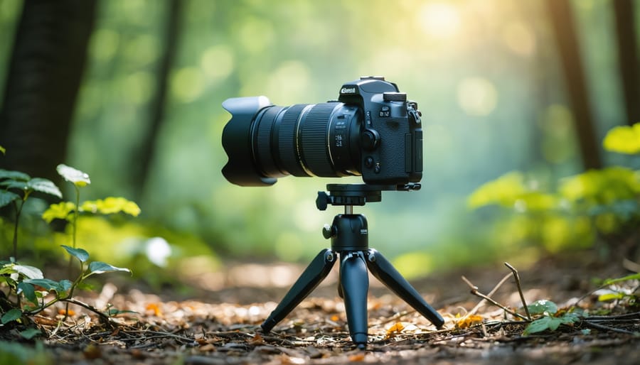 DSLR camera with telephoto lens mounted on a sturdy tripod, positioned in a forest setting