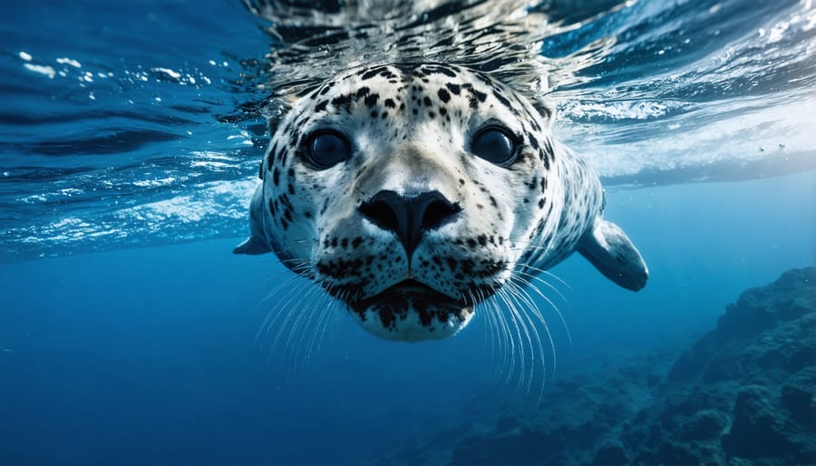 Close-up underwater shot of a leopard seal swimming in crystal clear Antarctic waters