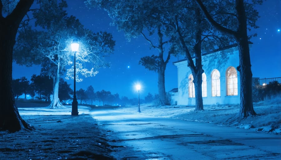 A dreamlike nighttime landscape transformed by infrared photography, showcasing luminous white trees under a starry sky, with a softly glowing street lamp casting surreal shadows.