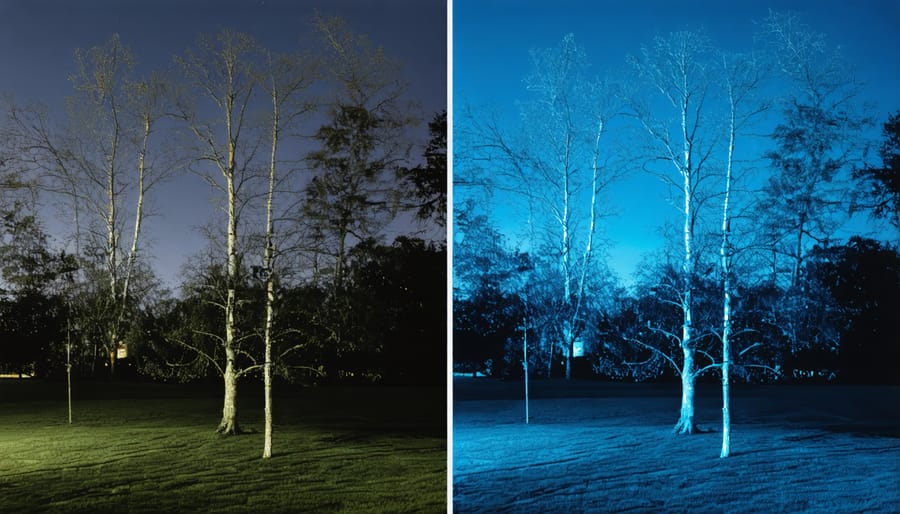 Split image showing the same nighttime landscape in normal vision and infrared, highlighting the dramatic differences