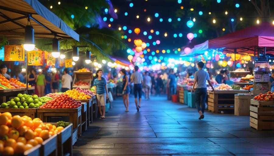 Vibrant Asian night market with mixed lighting sources and street food vendors