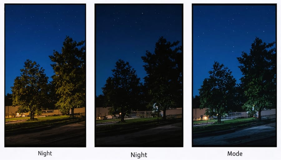 Progressive comparison of smartphone night photography modes showing improved low-light capabilities