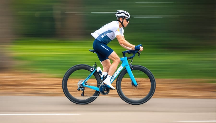 Cyclist sharp and in focus with streaked motion blur background showing speed