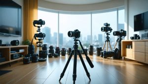 A 360-degree camera mounted on a tripod at eye level, with various camera equipment displayed in a modern room, showcasing an advanced photography setup.