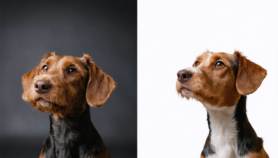 Split-screen comparison of an unedited and naturally enhanced dog portrait