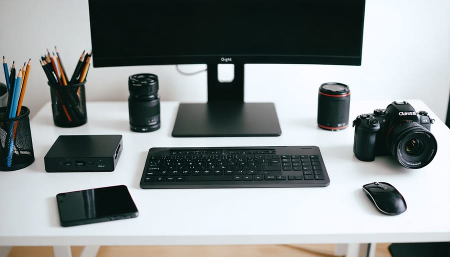 Professional photographer's desk showing multiple external drives and network storage devices