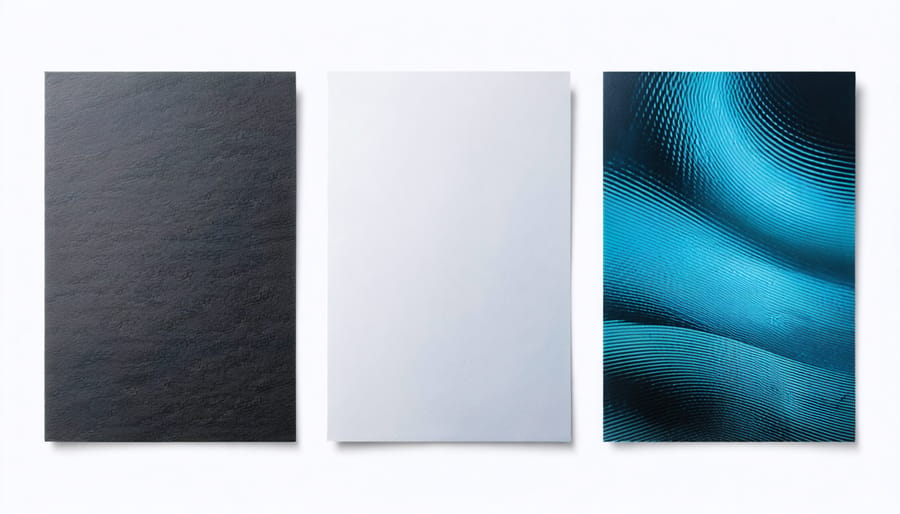 Display of four different photo paper finishes with identical image printed on each