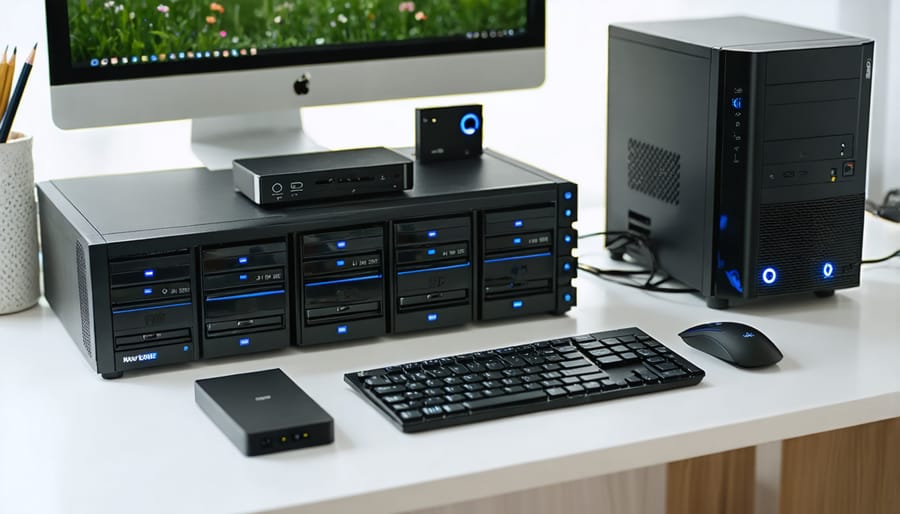 Organized desk setup with multiple external hard drives and NAS device connected to computer