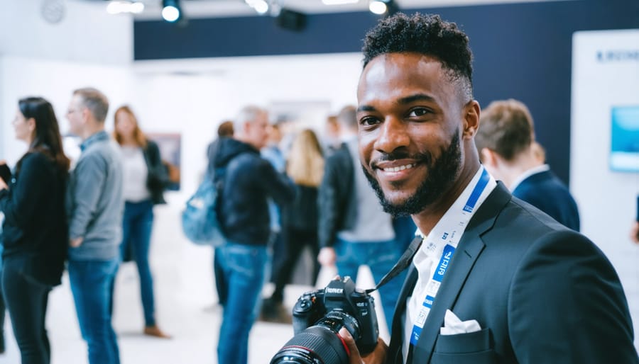 Professional photographer networking at an industry event