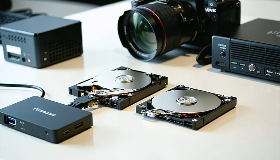 Photographer's workspace showing storage devices and NAS setup