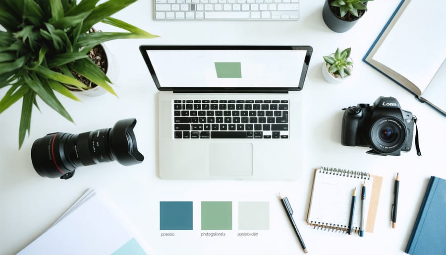 Photography brand identity elements including business cards, logo designs, and color schemes on a desk