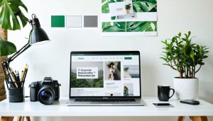 Studio workspace featuring photography business branding elements such as color swatches, business cards, a laptop with a portfolio website, and a camera, illustrating a creative and organized approach to professional branding.