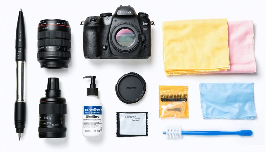 A well-organized arrangement of photography equipment maintenance tools including a camera body, microfiber cloth, lens cleaning solution, sensor swab, and rocket blower on a clean workspace desk, symbolizing professional care and maintenance practices.