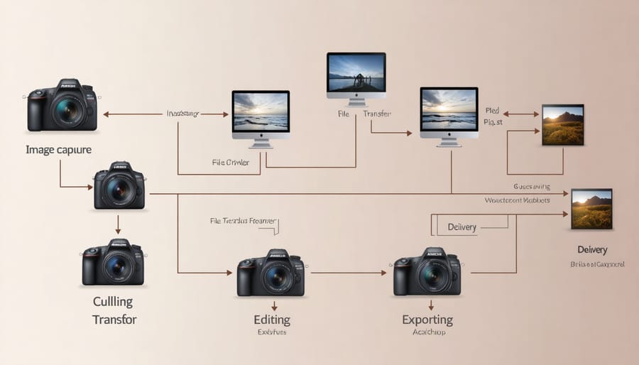 Flowchart illustrating a professional photography workflow with icons representing steps from image capture to final delivery.