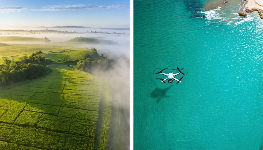 Side-by-side comparison showing raw and edited drone landscape photograph