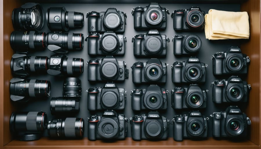 A collection of DSLR and mirrorless cameras with lenses, displayed alongside maintenance tools in a climate-controlled environment, illustrating the importance of preserving photography gear value.