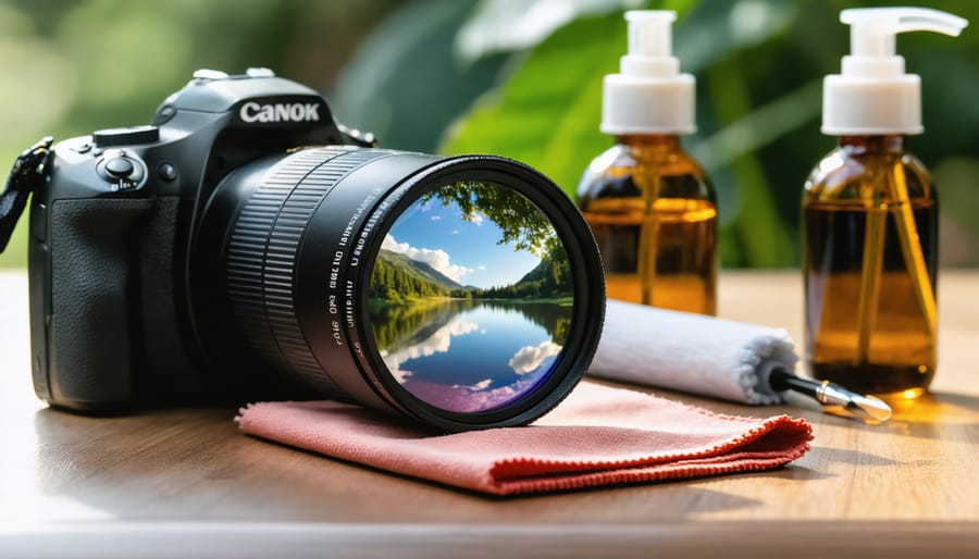 Close-up of a clean UV filter with reflected landscape scene, surrounded by professional cleaning tools like a microfiber cloth and lens cleaning solution.