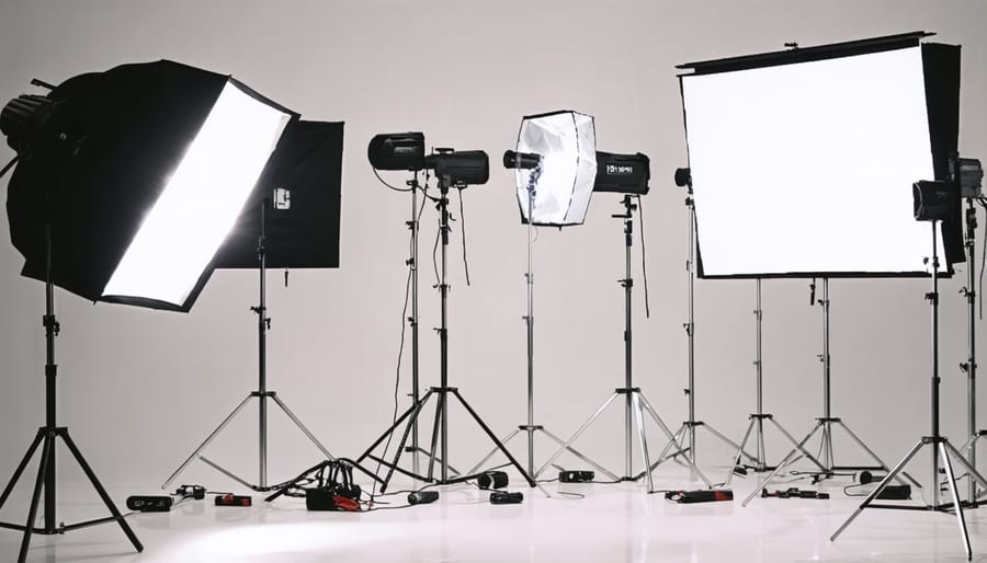 Professional photography studio featuring strobes, softboxes, and lighting modifiers