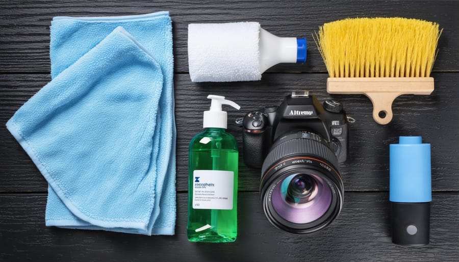 Essential projector lens cleaning supplies arranged on a clean surface