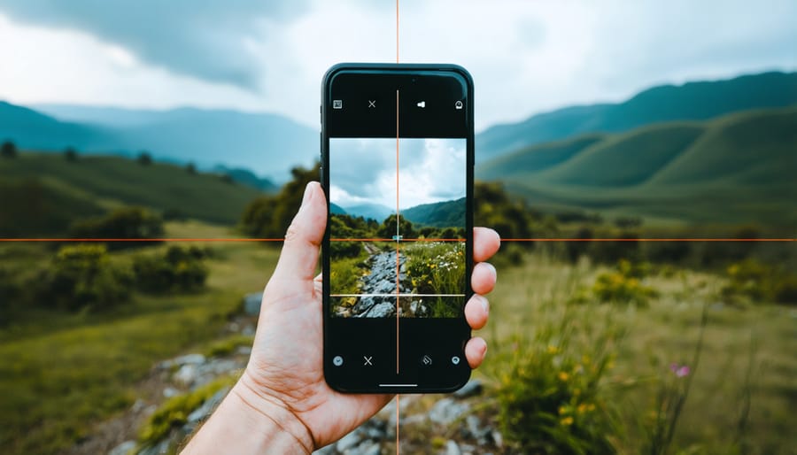 Smartphone photography composition grid showing rule of thirds applied to a landscape photo