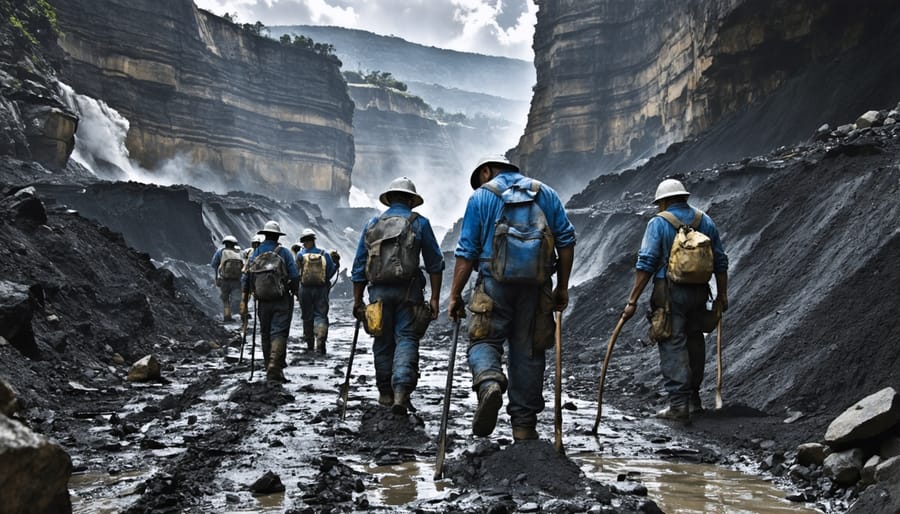 Black and white photograph showing hundreds of workers climbing ladders in massive open pit mine