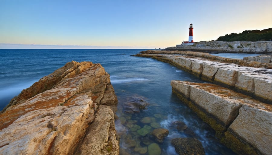 Coastal scene with foreground rocks creating leading lines toward lighthouse at sunset