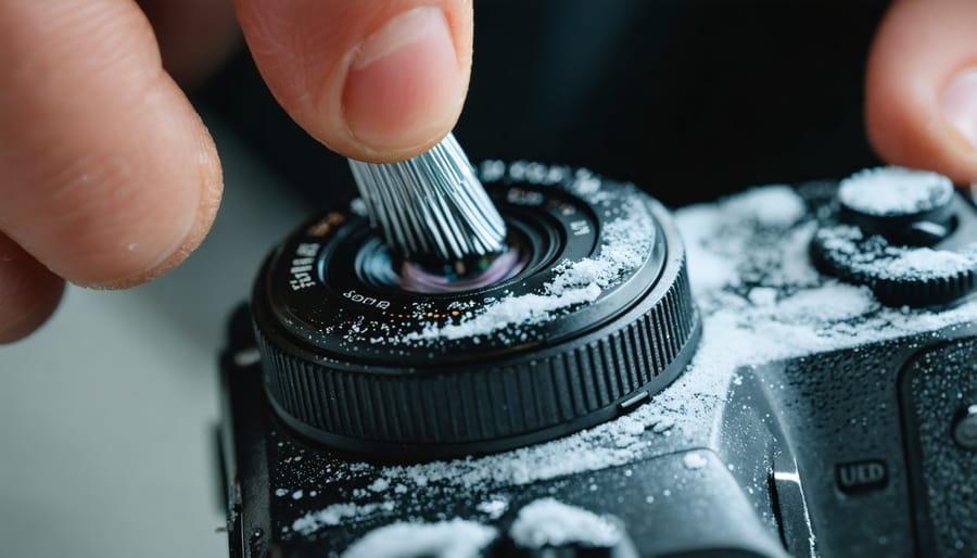 Professional camera sensor cleaning process using specialized brush and cleaning solution