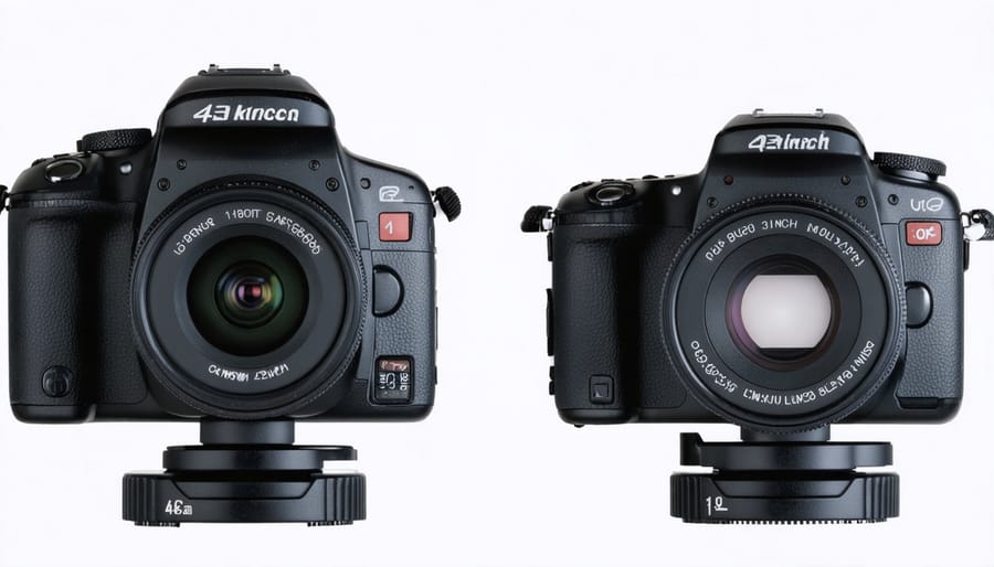 Visual representation of 4/3 and 1-inch camera sensors with labeled size dimensions, emphasizing the differences in sensor capabilities.