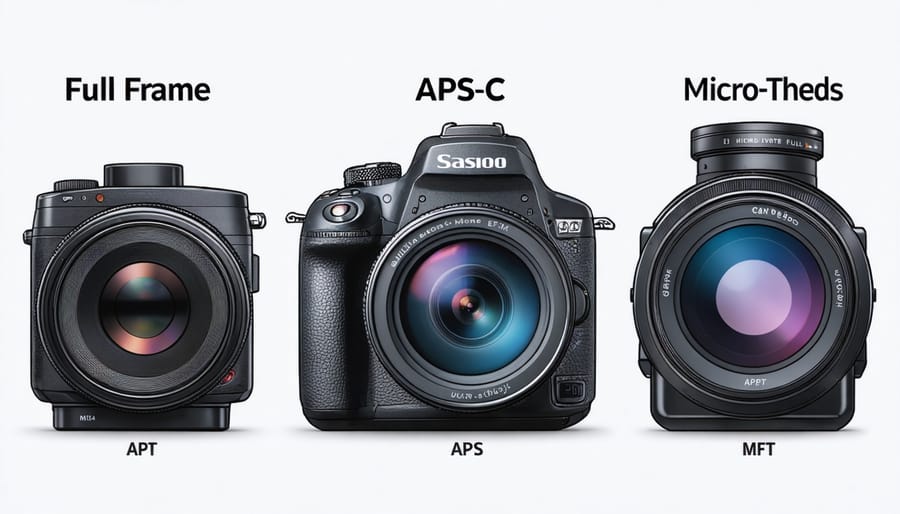 Conceptual illustration comparing the size differences of Full Frame, APS-C, and Micro Four Thirds camera sensors, highlighting their unique advantages in photography.