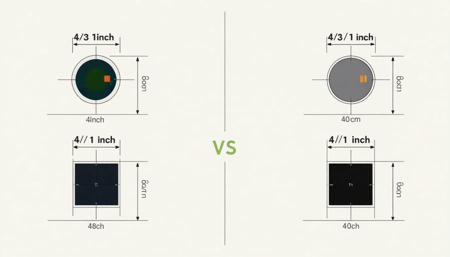 Side-by-side size comparison of 4/3 and 1-inch camera sensors with measurements