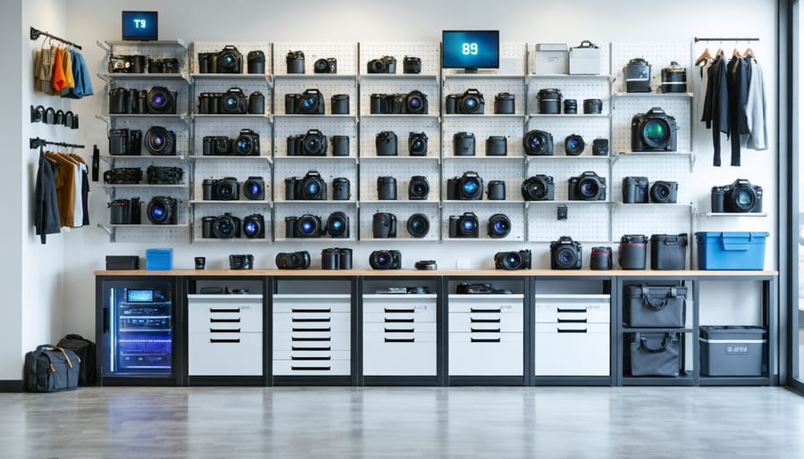 Professional photography storage room with organized equipment in climate-controlled cabinets, hanging accessories on pegboards, and labeled storage boxes for efficient gear organization.