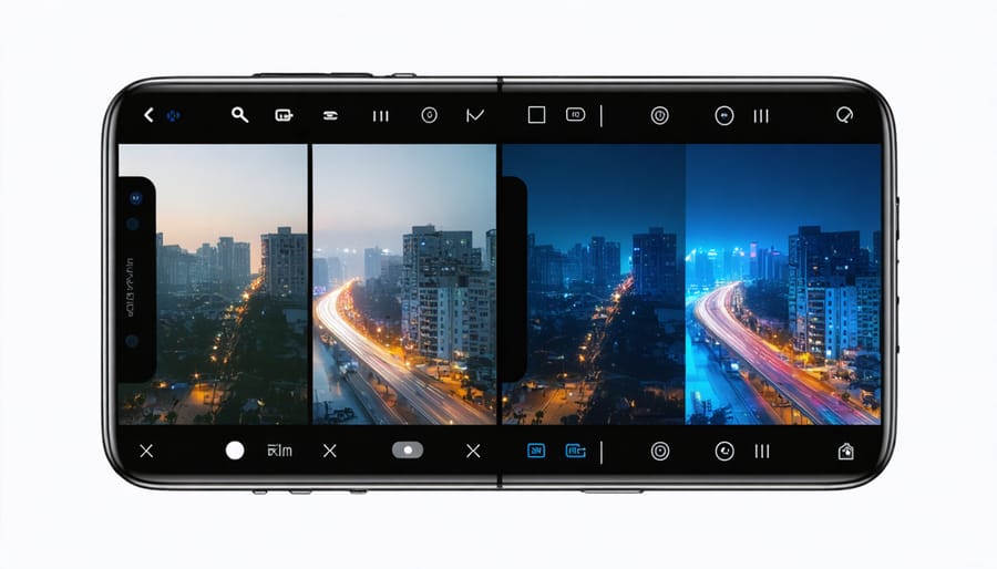 Split-screen depiction of a smartphone evolving into a professional-grade camera, highlighting advanced features and enhanced image quality in a vibrant night scene.