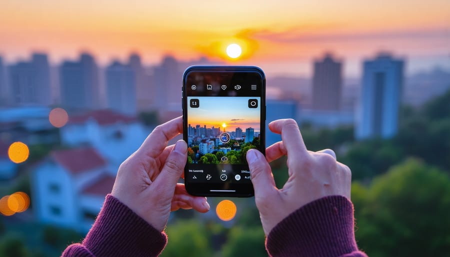 An illustration of a smartphone capturing a sunset cityscape with overlays showing camera control symbols, representing professional photography techniques available on mobile devices.