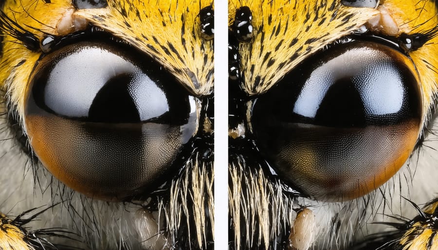 Comparison showing sharp vs soft focus on jumping spider's main eyes demonstrating proper focus technique