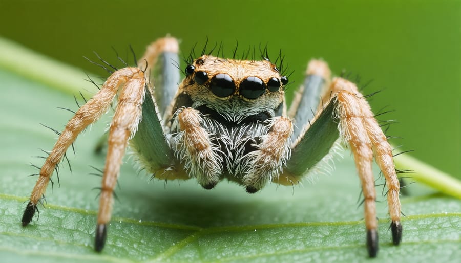 Peacock jumping spider in hunting pose on a leaf showing natural behavior