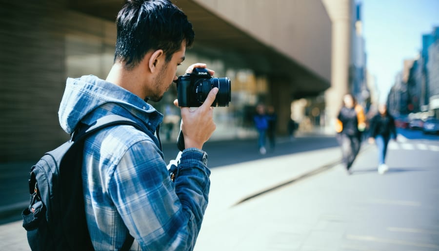 Photographer capturing street scenes with a compact camera in a busy city setting