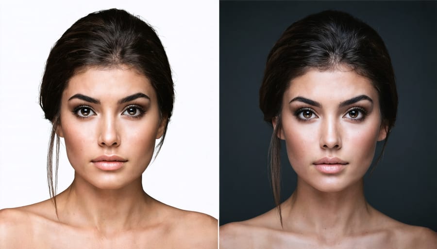 Split image showing the same portrait lit with strobe light on left and continuous light on right