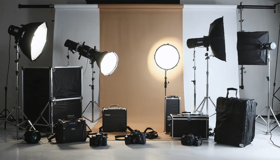 An artistic photograph of a professional photography setup featuring a variety of lighting equipment, including strobes and diffusion panels, demonstrating advanced lighting techniques for achieving studio-quality results.