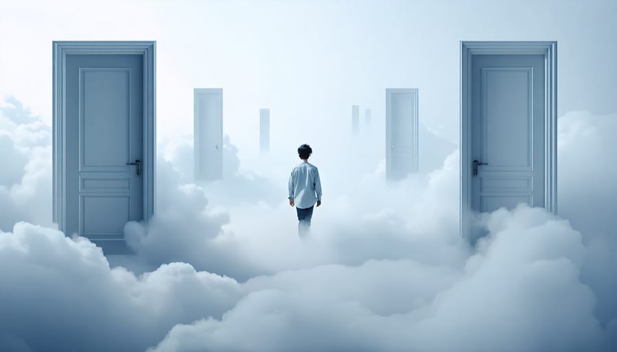 Surreal image of a silhouetted figure walking across cloud bridges between multiple floating vintage doorways