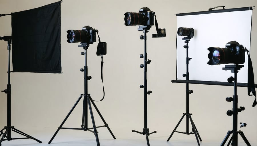 Photography setup displaying camera, tripod, and props used for creating levitation effects