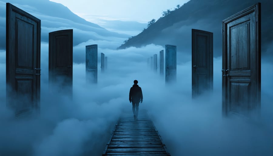 Dreamlike image of a silhouetted figure walking across cloud bridges connecting floating vintage doors, enveloped in a soft, surreal blue hour light.