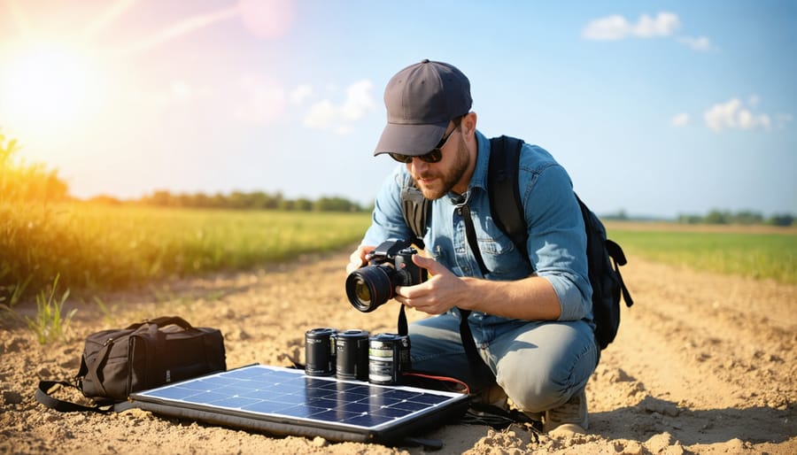 Photographer working with sustainable equipment including solar chargers