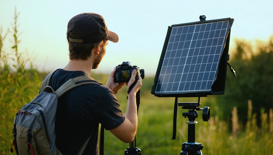 Eco-friendly photography session with solar-powered lighting and sustainable equipment